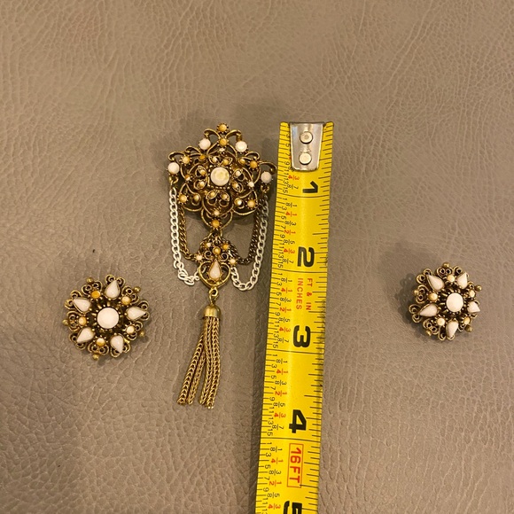 FLORENZA Tassel Brooch Pin Earrings Set Victorian Revival - Picture 6 of 6